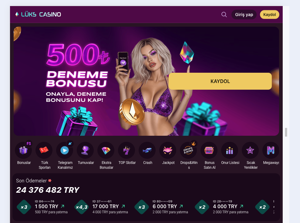 Lüks Gazino platformunun genel arayüz görünümü