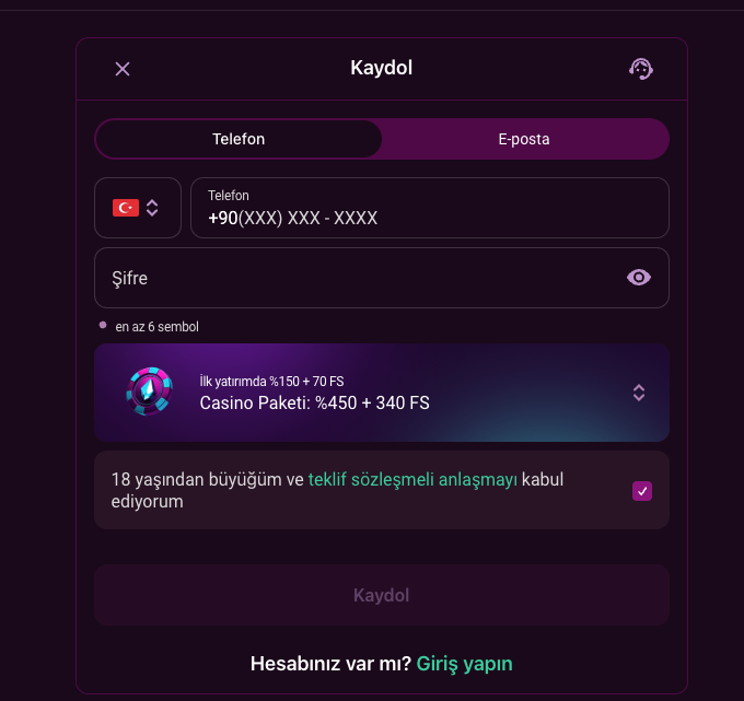 Lüks Gazino kayıt formu telefon alanından bir görsel
